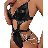 Myilewjt Womens Lingerie Faux PU Leather Lingerie Bra Cut Out Teddy Bodysuit Sexy Chains