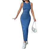 SOLY HUX Women's Denim Dress Sleeveless Slit Bodycon Tank Dress Summer Maxi Dresses