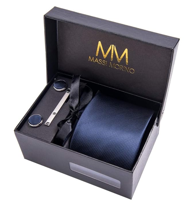 Massi Morino ® Herren Krawatte Set (inkl. Einstecktuch + Manschettenknöpfe + Krawattennadel) Geschenkbox