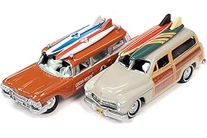 1950 Mercury Woody Wagon Dakota Gray & 1959 Ambulance Dull Red on Roof Cocoa Beach Rescue Patrol Surf Rods Set of 2 Cars 2-Packs 2023 Release 2 1/64 Diecast Cars Johnny Lightning JLPK022-JLSP343B