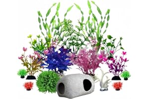 QurXaKa Aquarium Decoration Fish Tank Artificial Plastic Plants & Smooth Non-damaging Fish cave Rock Set, Goldfish Beta Fish Tank Accessories Ornaments(16 Pieces)