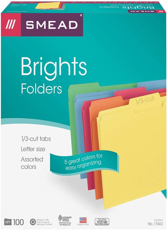 Smead File Folder, 1/3-Cut Tab, Letter Size, Assorted Colors, 100 per Box, (11943) : Colored File Folders : Office Products
