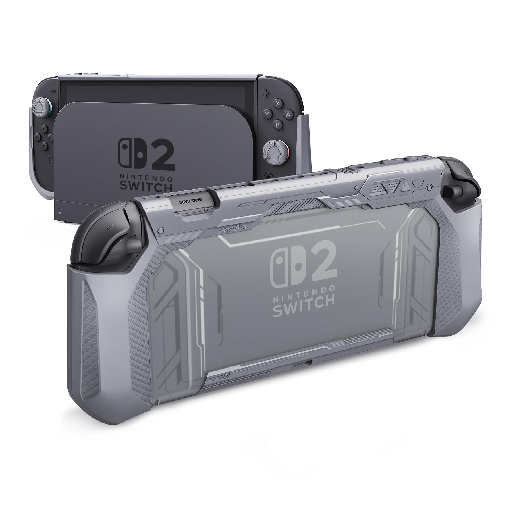 PlayVital Meteor Grip Case for Nintendo Switch 2 with Thumbstick Caps & Ergonomic Grips – Dockable Shockproof Anti-Slip Cover with Clear Back Design for Switch 2 Protective Shell – New Hope Gray