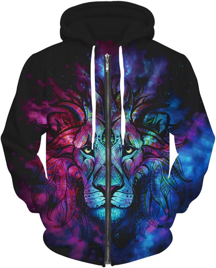 Lions Hoodie,Zip Hoodie Galaxy Men Colourful HD 3D Printed Zipped Unisex Harajuku Long Sleeve Sweatshirt Hooded Coat