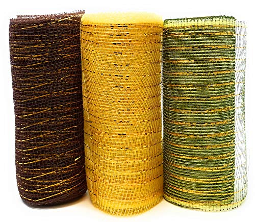 Fall Thanksgiving Decorative 5 Yard Mesh Rolls (Pack of 3) for Crafting Wreaths and Zip Ties for Securing Mesh to Frames (Dark Brown, Gold, Green)