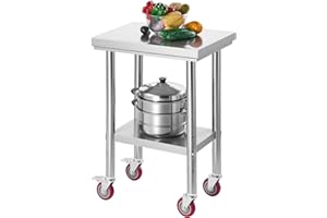 VEVOR Stainless Steel Table, 24 x 18 Inches Food Prep Worktable with Wheels, Kitchen Prep Table with Adjustable Undershelf Workstations for Commercial Kitchen, Restaurant, Hotel and Garage, Outdoor