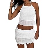 Remidoo Women's 2 Piece Skirt Set Halter Crop Tank Top Smocked Mesh Lace Mini Skirts Beach Outfit