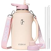 Coolflask 64oz Insulated Water Bottle, Half Gallon Water Jug With Handle Straw Stainless Steel Double-Walled Vacuum Metal Large Flask With Strap Non-BPA Leakproof, Keep Cold 48 Hrs, Apricot Pink