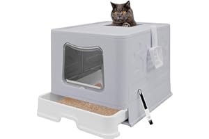 FOPHOP Foldable XL Cat Litter Box with Lid, Jumbo Enclosed Cat Potty, Top Entry Anti-Splashing Cat Toilet, Easy to Clean Including Cat Litter Scoop and 2-1 Cleaning Brush (Grey) Extra Large