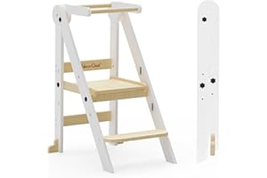 CAMECEQUTER Taleco Gear Foldable Toddler Kitchen Stool Helper, 3 Adjustable Heights Wooden Kids Helper Tower - Collapsible Toddler Stool for Bathroom & Kitchen Safety (Nature)