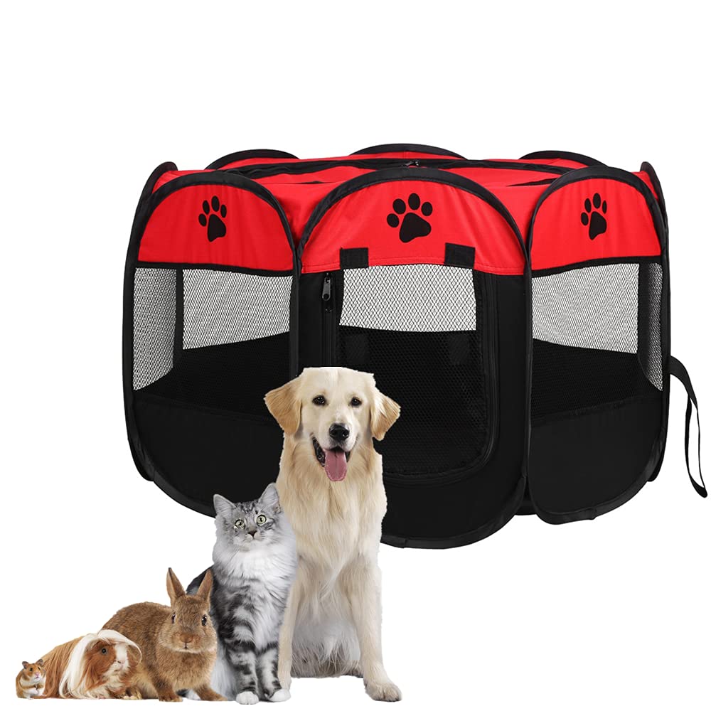 Pet Portable Foldable Playpen, Cat Dog Exercise & Play Tent Mesh Cover for Indoor/Outdoor(Red)