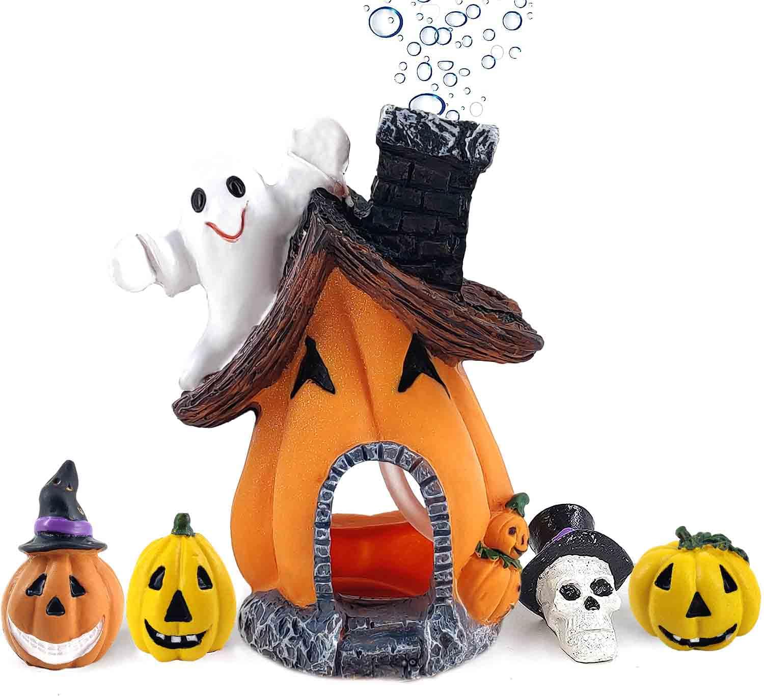 Ginfonr Aquarium Decoration Halloween Pumpkin Haunted House, Fish Tank Ornament Resin Material Squidward Hidout,fish Shrimp Hiding Cave Shelter Tower Landscape Underwater Decoration