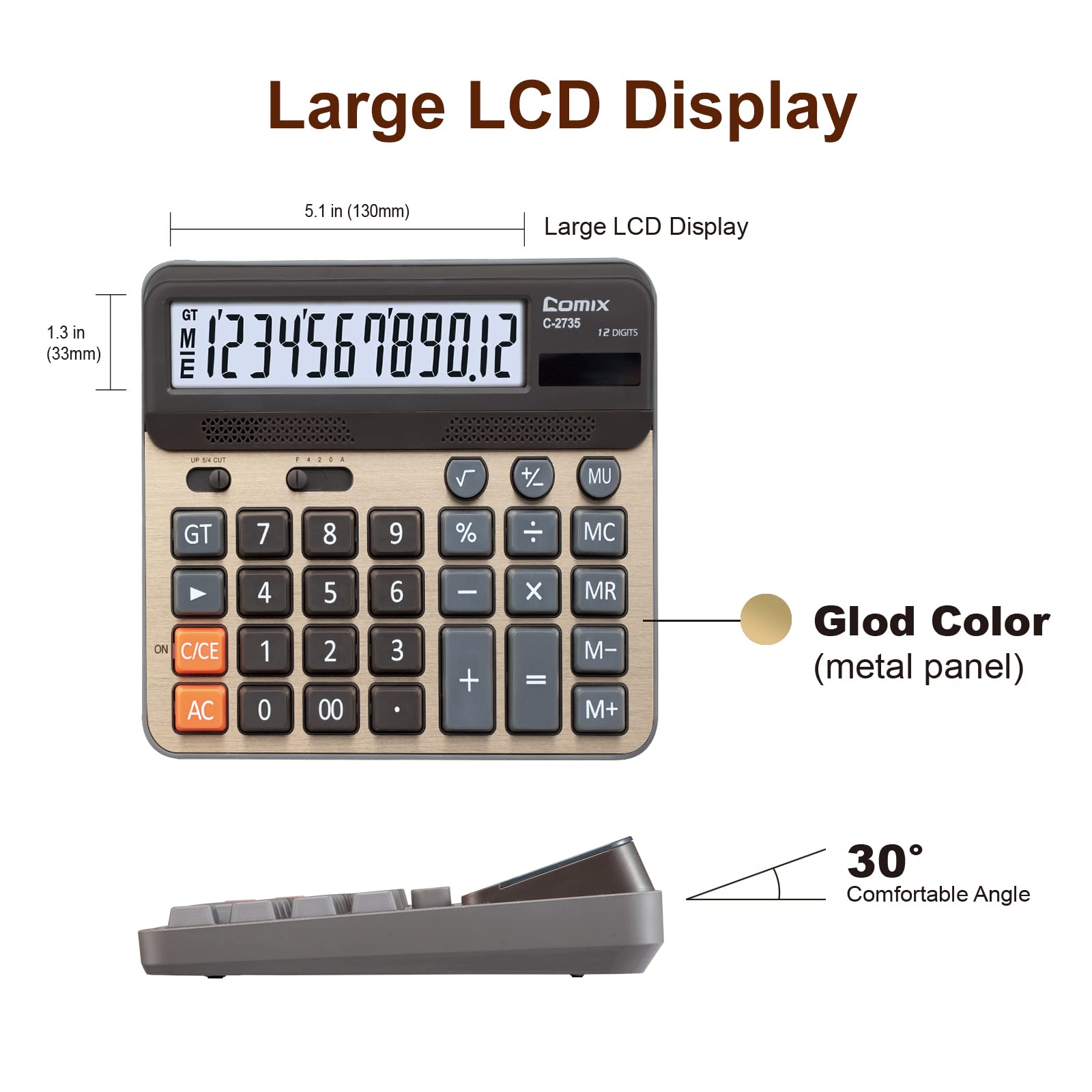 Comix Desktop Calculator, Large Computer Keys, 12 Digits Display, Champaign Gold Color Panel, C-2735