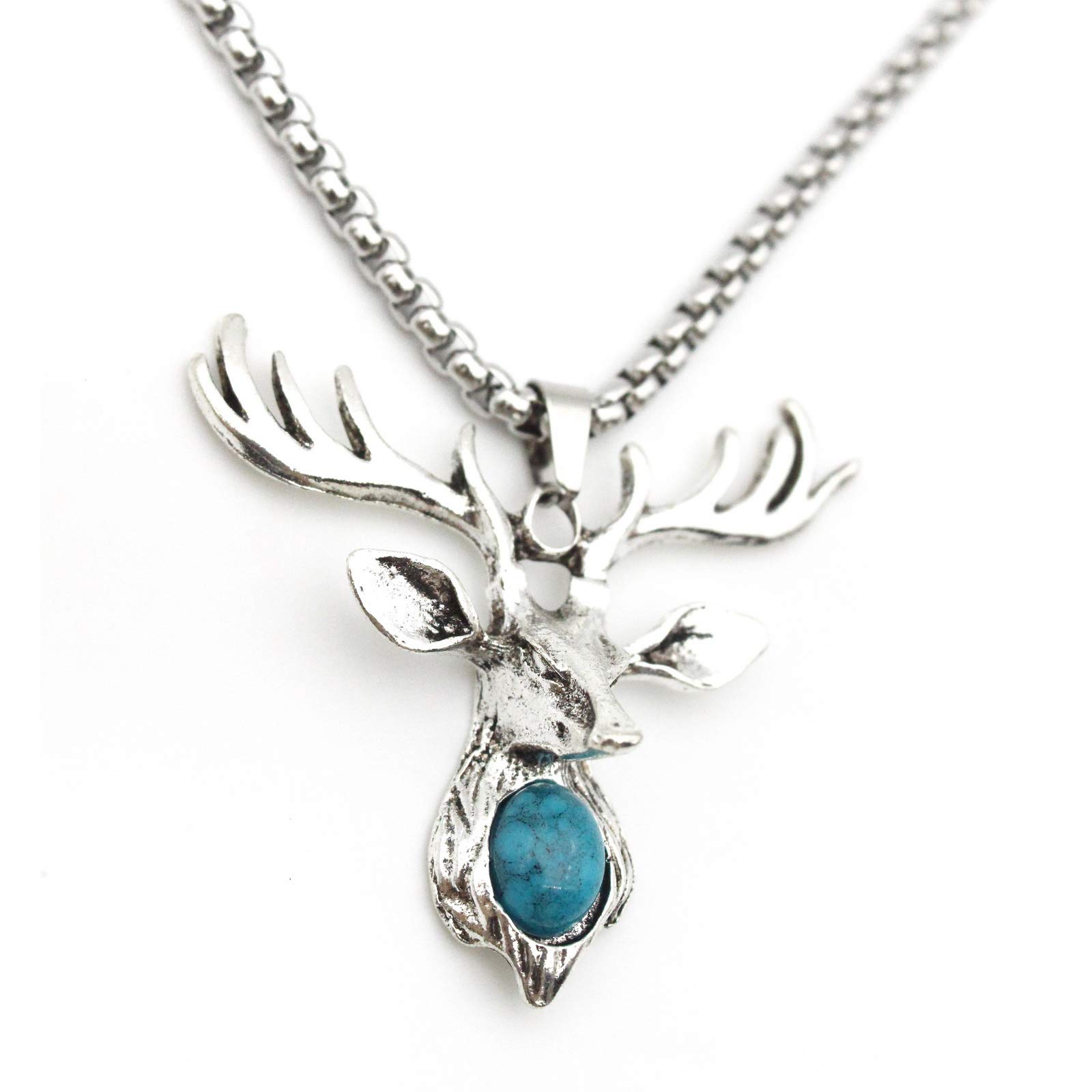 Christmas Reindeer Pendant Necklace for Men, Stainless Steel Deer Elk Pendant Necklace with 27.6” Chain, Vintage Deer Head Antler Necklace Turquoise Stone Inlaid, Animal Necklace Jewelry