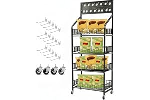 DoubleFill 1 Set 4 Tier Retail Display Rack Shelf Cart with Wheels and 15 Hook Heavy-Duty Metal Snack Potato Chip Display Organizer Concession Stand for Supermarket Grocery Store Home Black