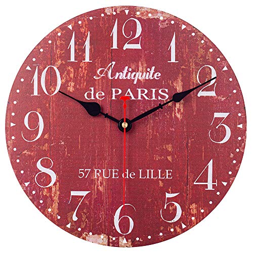 SkyNature Wooden Wall Clock, Silent Non-Ticking Battery Operated Quartz Movement, Large Arabic Numerals Vintage Rustic Decorative Clock for Living, Dining, Bedroom, Kitchen - 12 Inch, Distressed Red