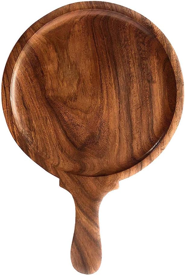 DAISYLIFE™ Natural Wooden Round Pizza Plate with Handle, Food Serving Platter, Natural Brown (Medium - 12 x 8 x 1 Inch)