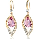 Austrian Crystal Teardrop Hollow Leaf Drop Dangle Earrings for Women 14K Rose Gold Plated Hypoallergenic Jewelry