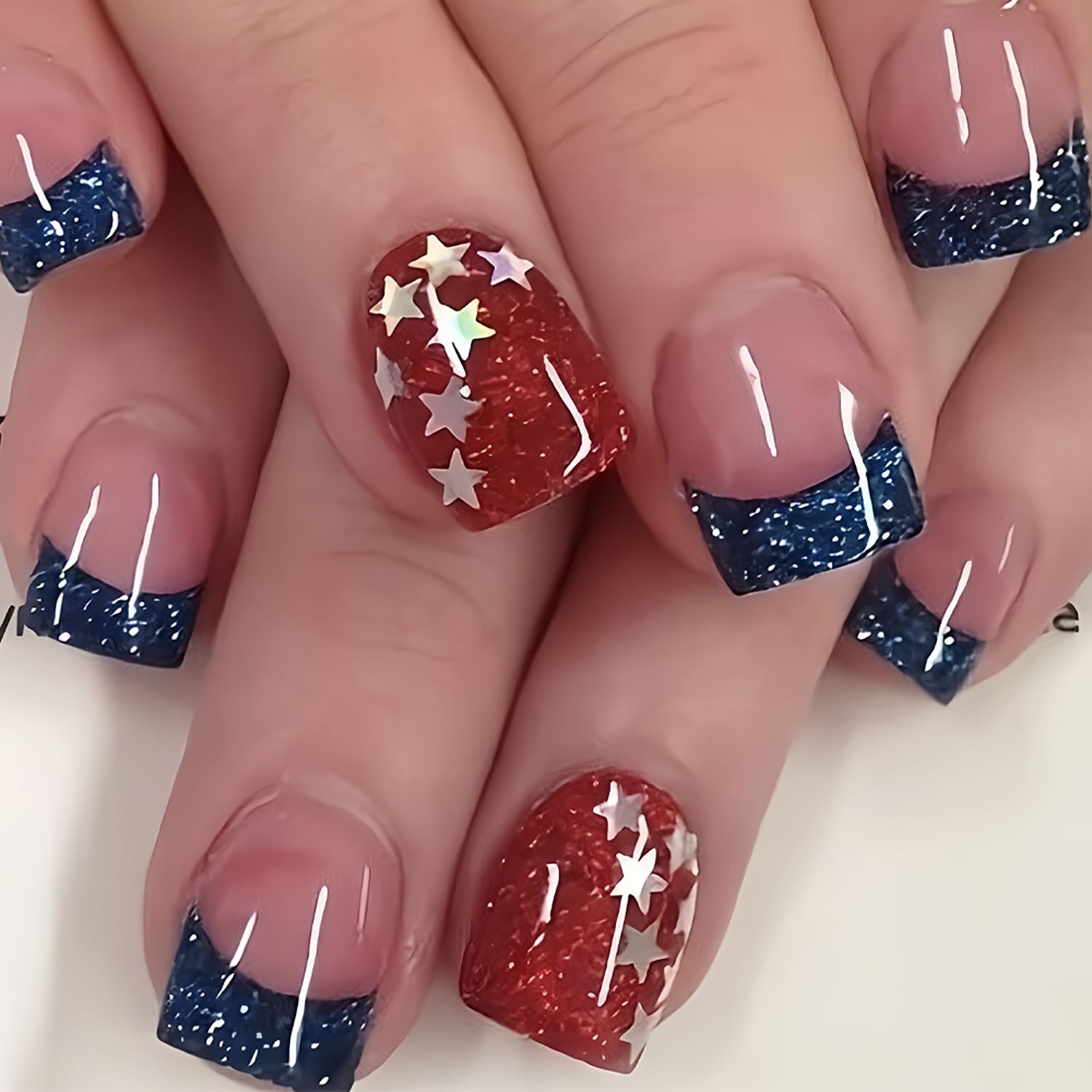 Photo 1 of 24Pcs Independence Day Press on Nails Short Square Blue French Tip Fake Nails Star Full Cover Red Nails Gel Glue on Nails Glitter False Nails 4th of July Nails for Women Acrylic Nails Decorations