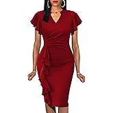 Mokayee Womens Summer Ruffle Sleeve V Neck Business Casual Professional Office Church Cocktail Work Pencil Dresses
