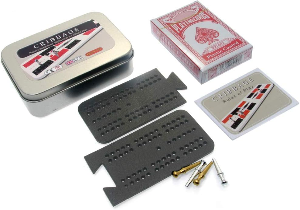 Brimtoy pocket cribbage board in tin with playing cards, metal pegs and instructions, Leatherette 2 part style board - Image 4