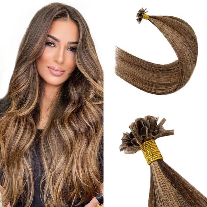 Silk-co U Tip Pre Bonded Hair Extensions Strands Keratin Nail Tip Straight Human Hair Extensions U tip Real Remy Hair 50 Strands Keratin Nail Til 22"-50g #4P27 Medium Brown&Dark Blonde — image 1
