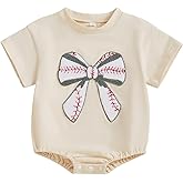 Nibbcoa Newborn Summer Outfit Baby Girl Baseball Bow Embroidery Bubble Romper Short Sleeve One Piece Bodysuit