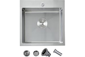 Ufaucet 18 Inch Drop In Bar Sink, 18 x 18 Stainless Steel Single Bowl Top Mount Drop In Bar Wet Prep RV Outdoor Kitchen Sink, 16 Gauge Brushed Nickel