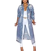 ebossy Women's Ripped Out Distressed Washed Long Blue Denim Jacket Trench Coat