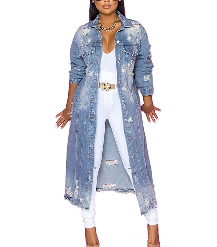 ジャケット・アウター 032c washed long-sleeve denim overcoat chouyatou Women's Spring Fashion Ripped Holes Maxi Long Denim