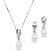 Mariell Pearl Drop Bridal Necklace and Earrings Set with CZ Crystals for Brides, Wedding, Birthday Gift