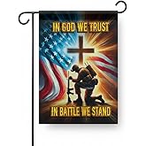 FLAGMEUP8386 Christian Military Garden Flag 12x18 In Doublesided Praying Soldier "In God We Trust, In Battle We Stand" Patriotic Yard Banner for Veterans & Families