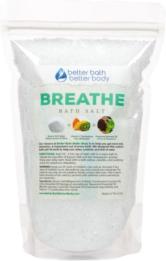 Breathe Bath Salt 1 Pound - Pure Epsom Salt With Clove & Spearmint Essential Oils & Vitamin C - Helps Open Airways & Encourages Better Breathing - All Natural Ingredients No Perfumes No Dyes