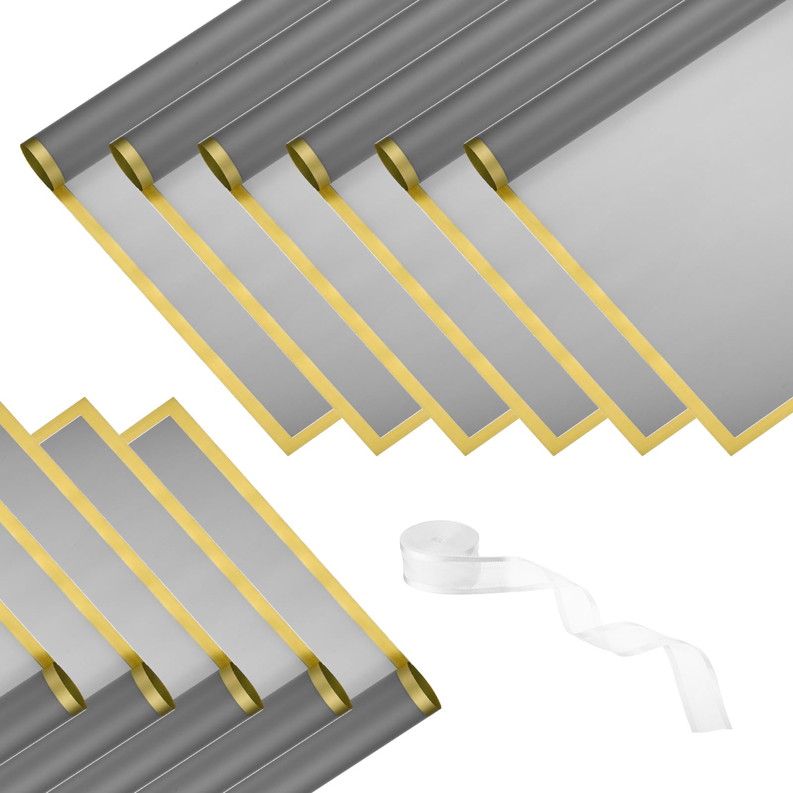 PATIKIL Flower Wrapping Paper 22.4x22.4, 20 Sheets Waterproof Florist Floral Bouquet Wrap Paper Gold Edge with 1 Roll Ribbon for DIY Crafts Gift Packaging, Silver