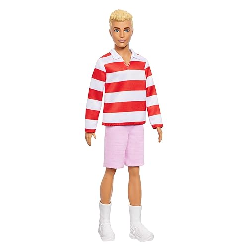 Barbie Fashionistas Ken Doll #241 with Blonde Hair Wearing Red and White Striped Polo Shirt with Pink Shorts, White Crew Socks and Sneakers, HYV01