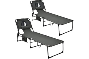 GYMAX Tanning Chair, Folding Beach Lounger with Face Arm Hole, Adjustable Backrest, Side Pocket, Pillow & Carry Handle, Outside Sunbathing Lounge Chair for Patio, Poolside, Lawn (2, Gray)