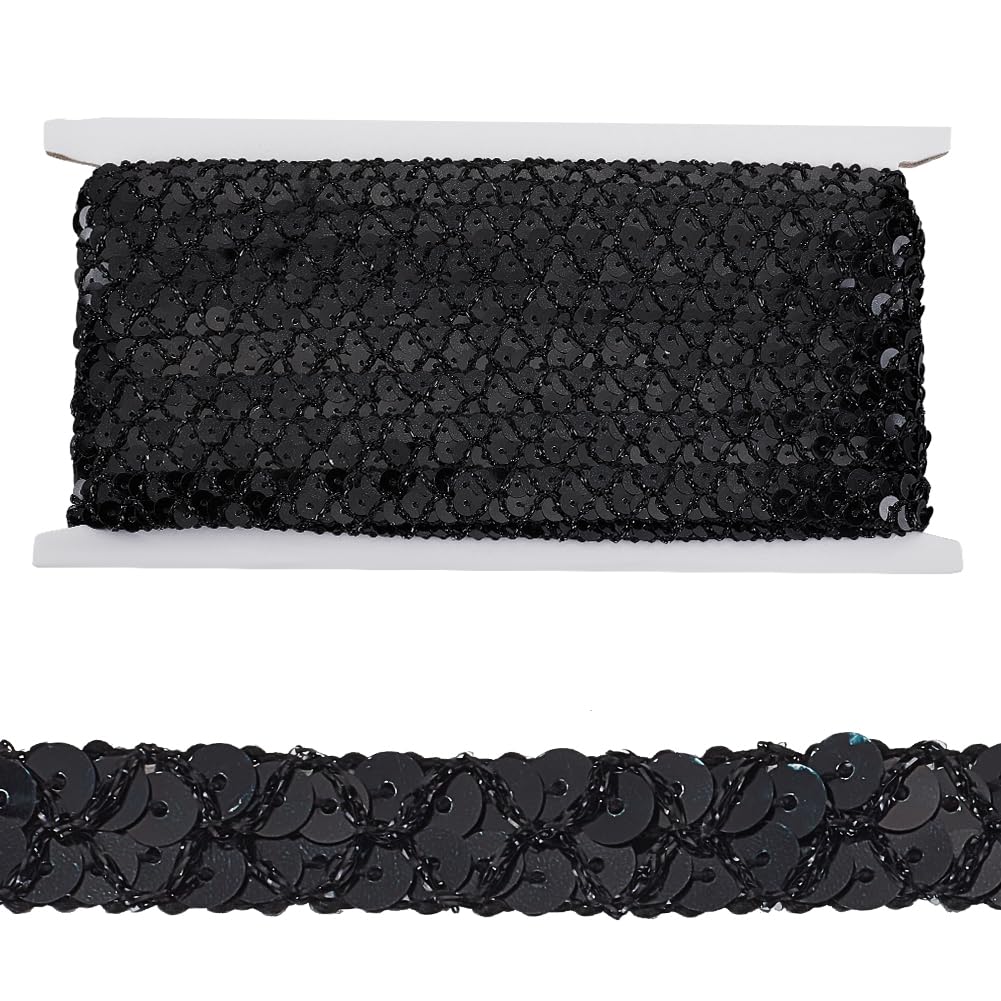 OLYCRAFT 13m Metallic Sequin Roll - 14mm Wide No Stretch Sequin Trim 2-Row Fabric Paillette Ribbon Trim Black Lace for Dress Embellish and Headband Sewing - Black