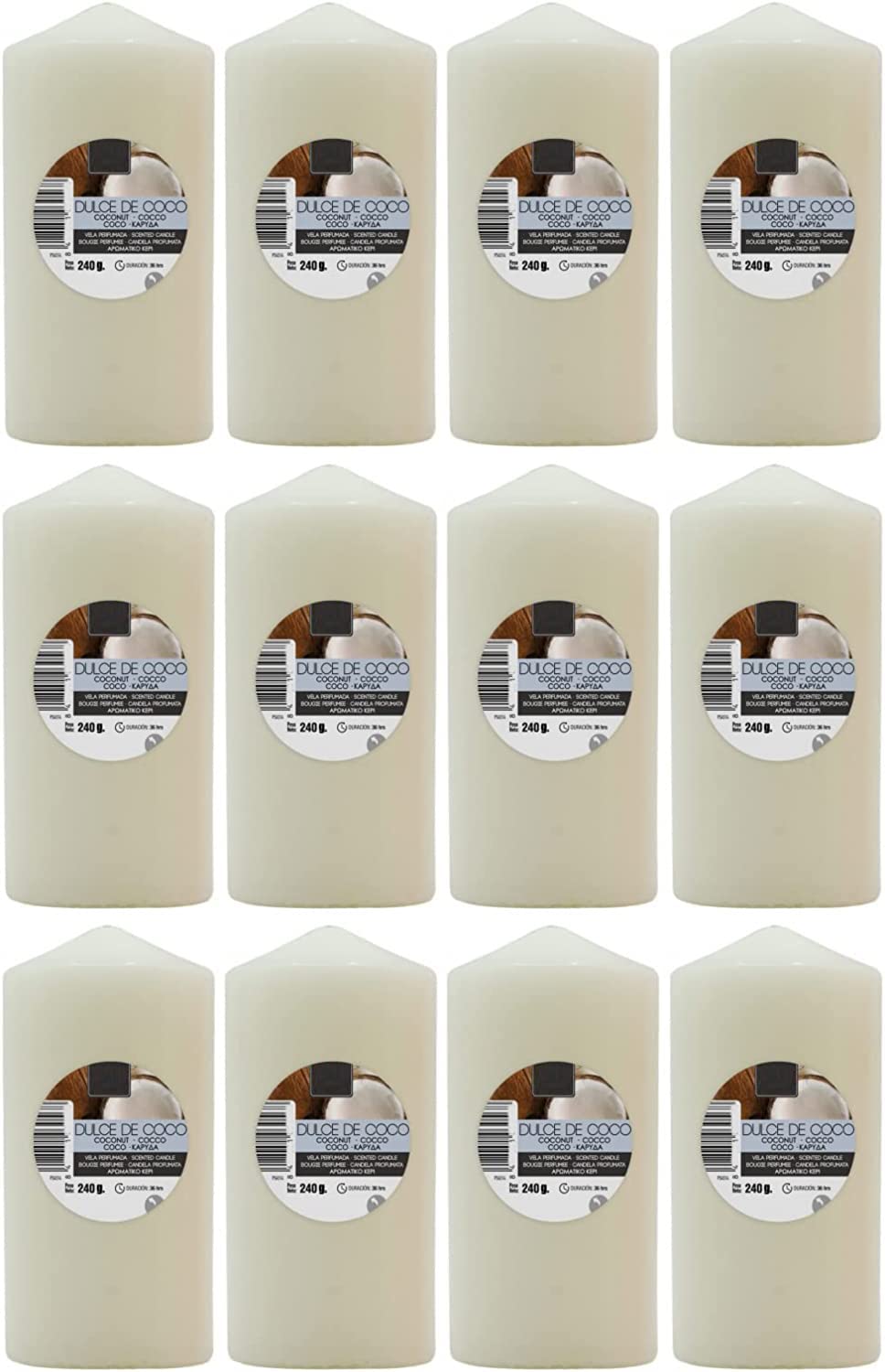 Sweet Coconut Scented Candles XXL 4.72 x 2.24 In (120 x 57 mm) - Pack of 12 Units - Aromatic Candles, Long Lasting and Delicate Aroma - 34-36 Hours Duration - Candle Aromatherapy