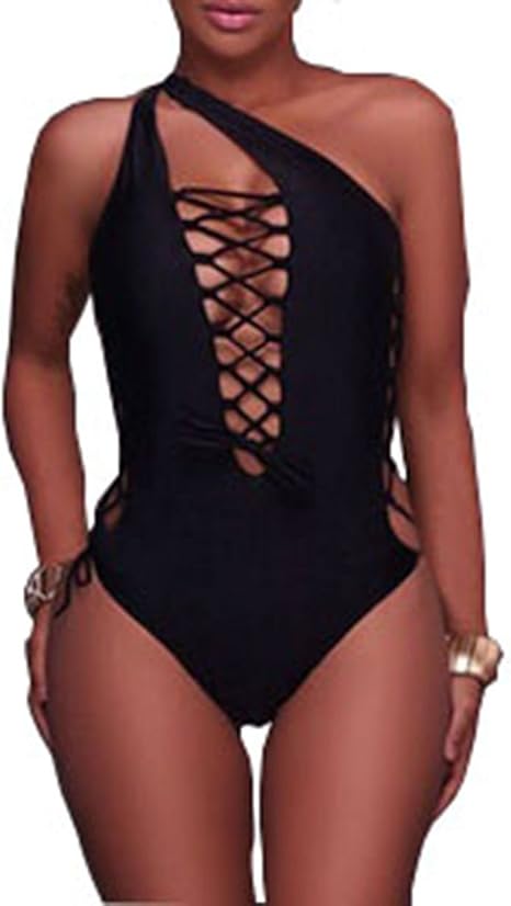 Amazon レディースセクシーなワンピース水着 レースアップ フロントとサイド ハイウエストビキニ S 黒 ワンピース 通販