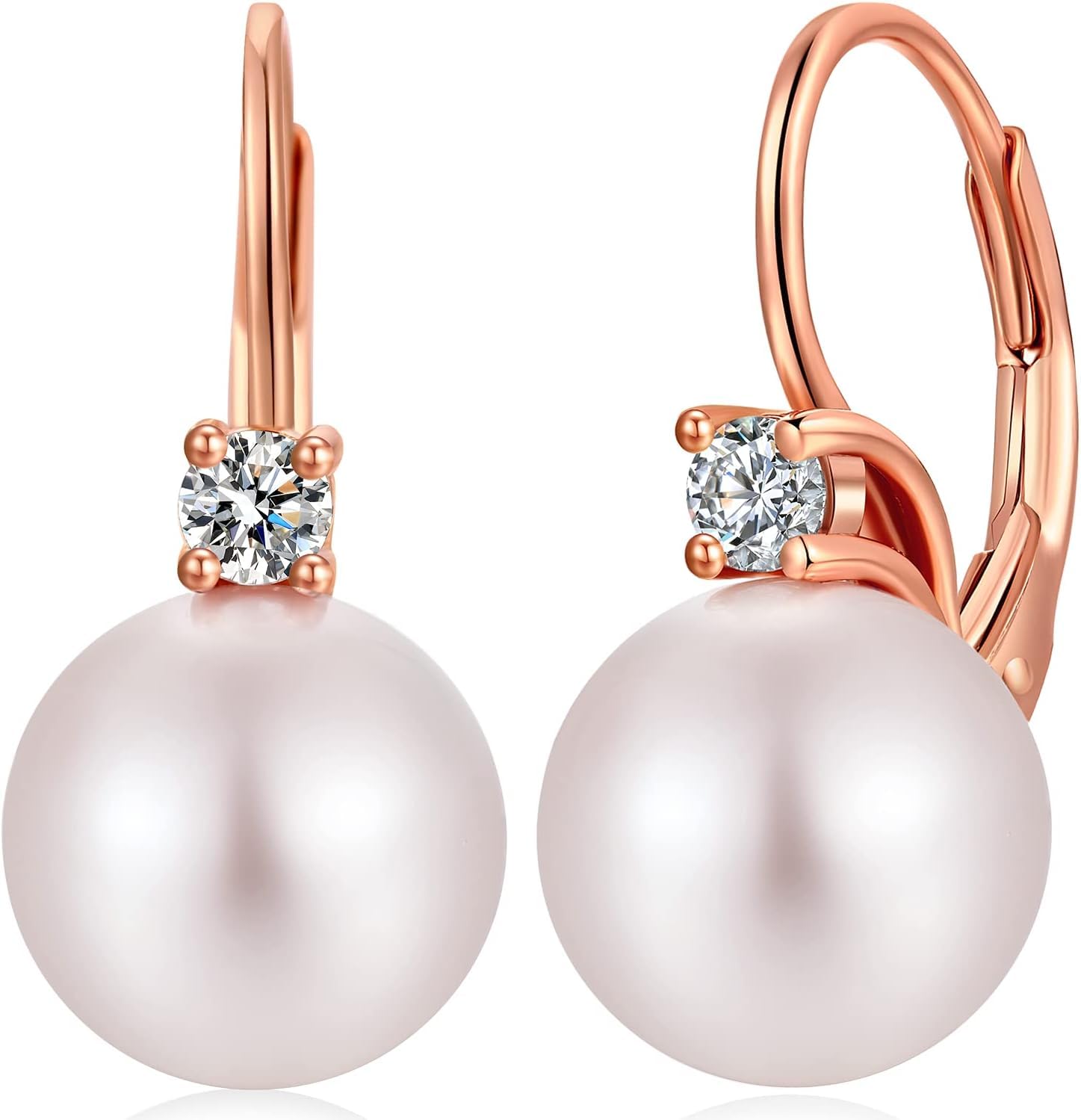 Pearl Earrings 925 Sterling Silver Pearl Drop Earrings for Women Leverback Pearls Cubic Zirconia Jewellery Gifts for Bridal Wedding White Peals 10 mm Rose Gold