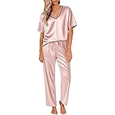 Ekouaer Satin Pajama Set for Women Short Sleeve Silky Pjs 2 Piece Lounge Sets Soft Comfy Sleepwear Loungewear S-XXL