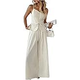 SOLY HUX Women's 2 Piece Summer Outfit Button Down Peplum Cami Top and Wide Leg Pants Set