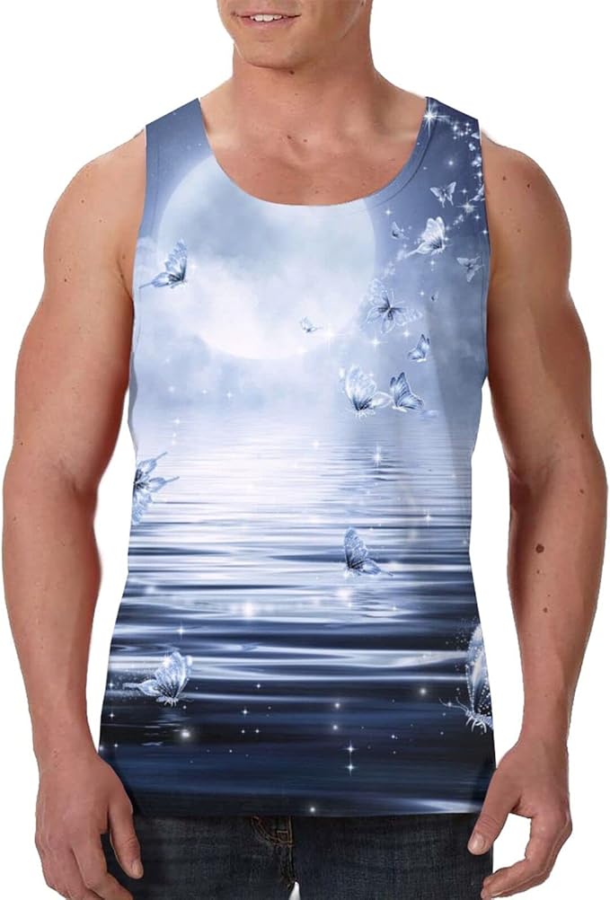 Men�s Bling Butterfly Moon Graphic Shirts Workout Gym Tank
