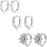 EPIRORA Sterling Silver Earrings for Women Girls, 3 Pairs 14K White Gold Plated Cubic Zirconia Huggie Hoops Pearl Hoops Set, 8mm Small Cartilage Earrings, Silver
