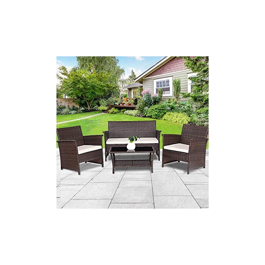 Tangkula Outdoor Patio Furniture 4 Piece Cushioned Sofa and Coffee