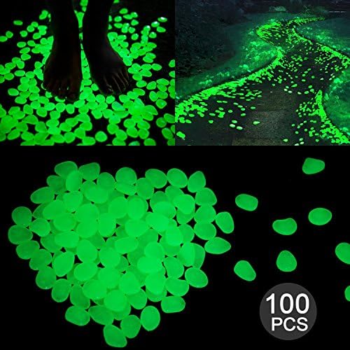 Interomgl 100pcs Glow Solar in the Dark Fairy Garden Pebble Paving Lawn Decorate Drive/Walkway Luminous Stone DIY Vases Gravel for Fish Tank Coral Aquarium Landscaping Window Outside Yard Grass Green