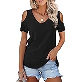 Amoretu Womens Short Sleeve Cold Shoulder Basic Tee Tops Shirts