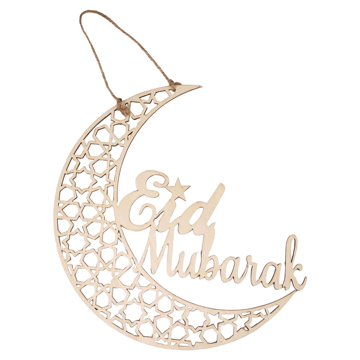 9.7 Inch Eid Mubarak Door Sign, Wooden Ramadan Mubarak Sign Hanging Ornament Hollow Moon Star Ramadan Kareem Door Decorations for Islamic Muslim Gifts Photo Props Party Home Decor