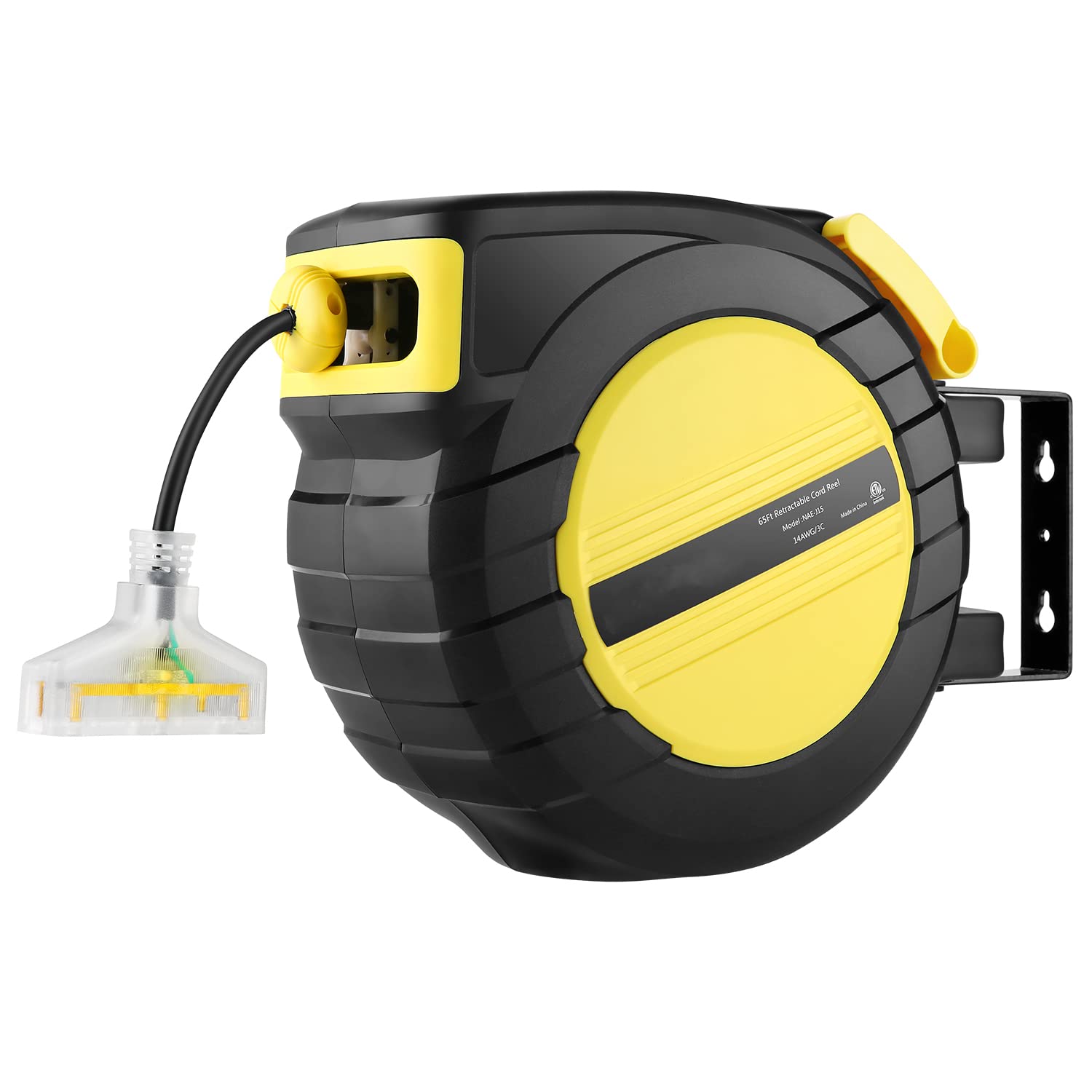 Homdox 65 FT Extension Cord Reel, 14 AWG Retractable Power Cord Reel, Ceiling/Wall Mount Electric Reel for Large Garage, 3 Outlets, 13A Circuit Breaker, UL Listed