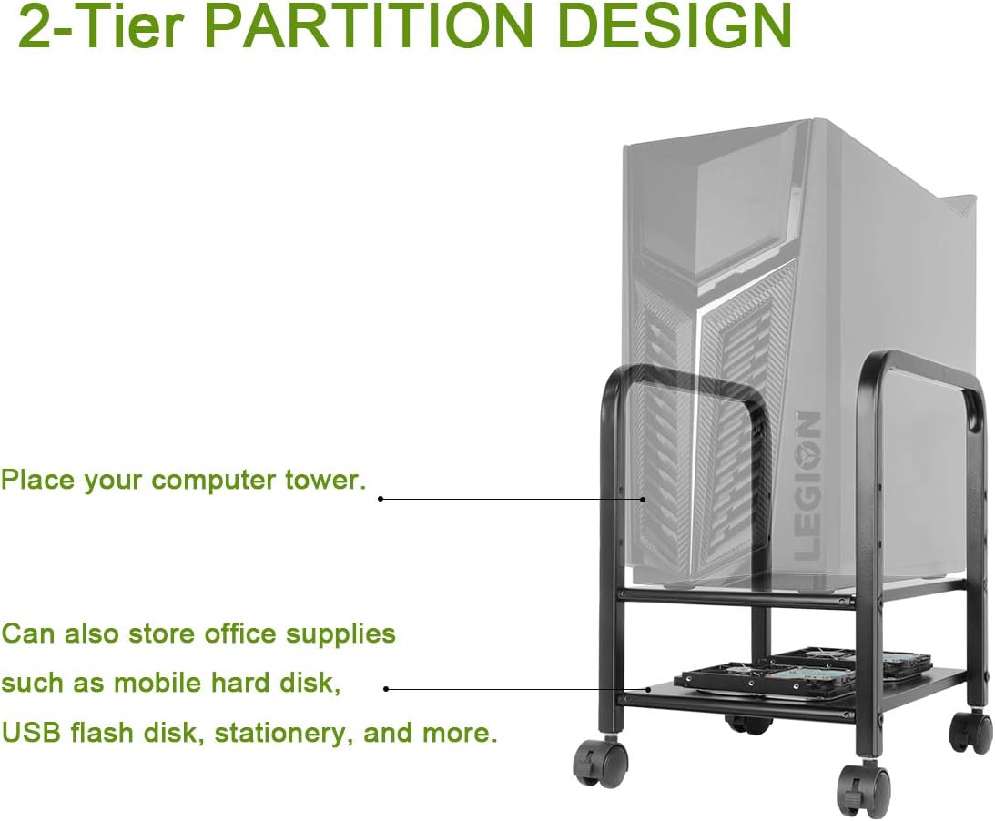 Computer Tower Stand, Desktop ATX-Case CPU Holder, Adjustable 2-Tier CPU Rolling Stand Mobile Steel Desktop Tower Case Stand Cart with Locking Wheels for Office Home, Black: Office Products